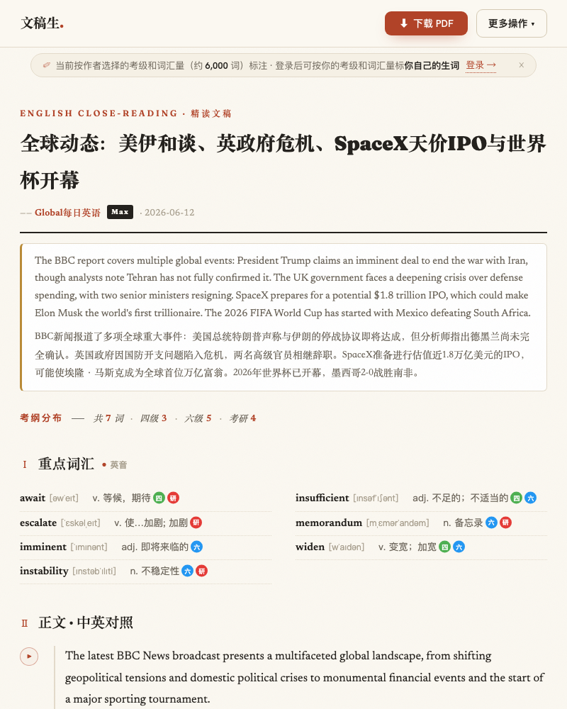 网页文稿样张 · 四六级考研级生词